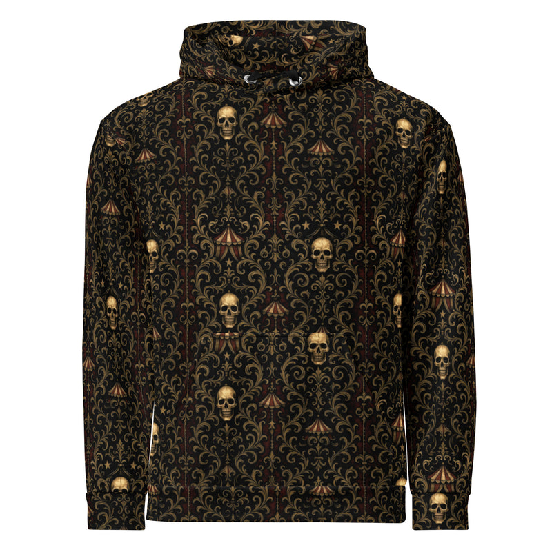 Midway of Death transforms vintage carnival horror into a premium pullover sweatshirt featuring skulls, circus artwork, a brushed fleece interior, and a fully printed hood.