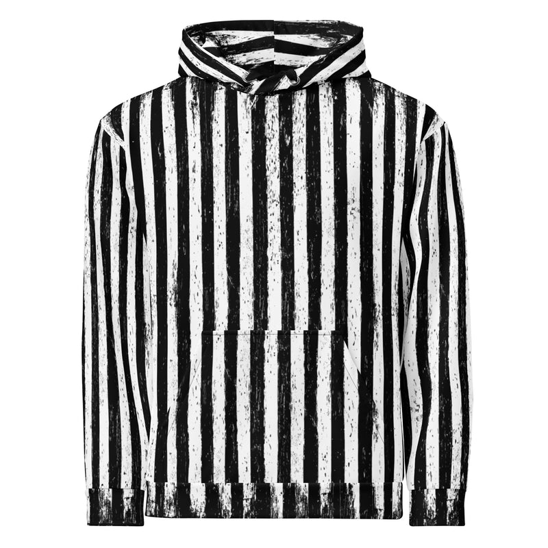 Black Parade hoodie featuring an all-over black and ivory vertical stripe pattern inspired by haunted carnivals and vintage circus imagery.