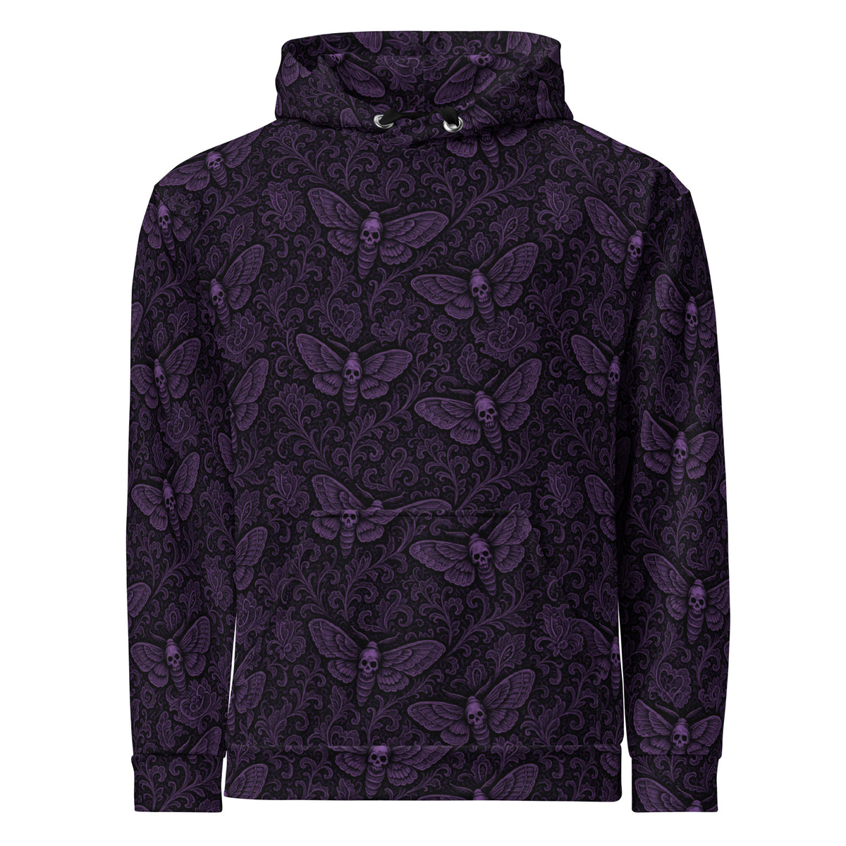 Soul's Messenger Purple hoodie featuring an all-over death moth pattern inspired by Victorian mourning art, Memento Mori, and gothic folklore.