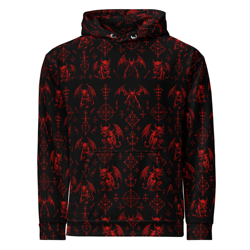 The Fifth Circle Red hoodie featuring an all-over infernal demon bat pattern inspired by Dante's Inferno and medieval demonology.
