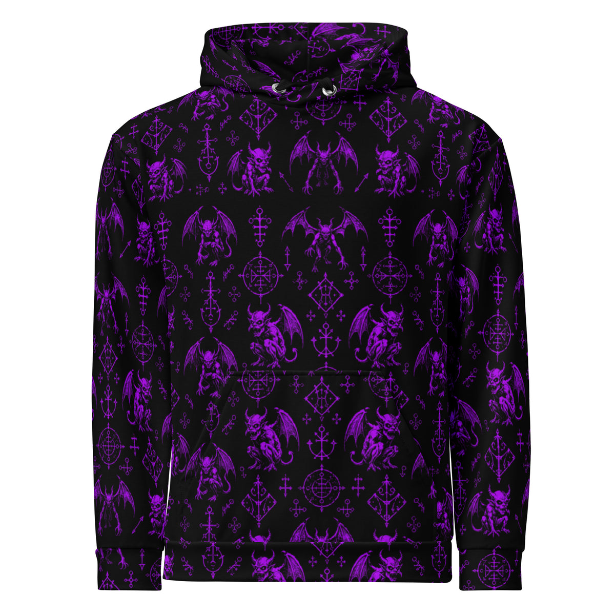 The Fifth Circle Purple hoodie featuring an all-over infernal demon bat pattern inspired by Dante's Inferno and medieval demonology.
