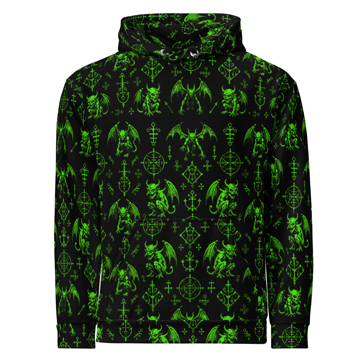 The Fifth Circle Green hoodie featuring an all-over infernal demon bat pattern inspired by Dante's Inferno and medieval demonology.