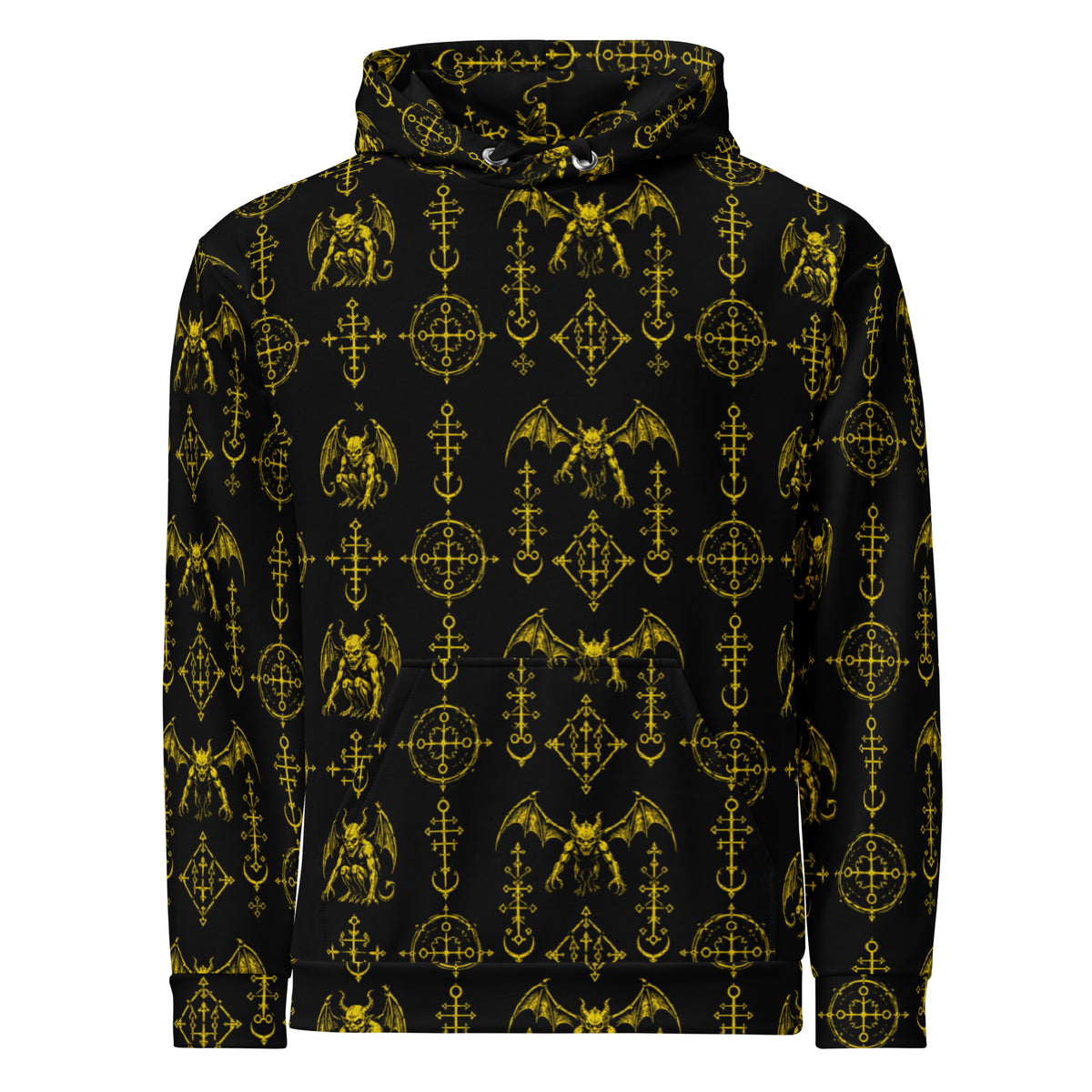 The Sixth Circle Yellow hoodie featuring an all-over Hellspawn Guardian inspired by Dante's Inferno, medieval demonology, and gothic horror.