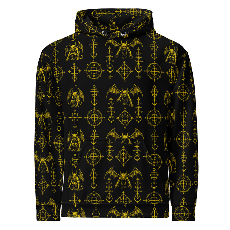 The Sixth Circle Yellow hoodie featuring an all-over Hellspawn Guardian inspired by Dante's Inferno, medieval demonology, and gothic horror.