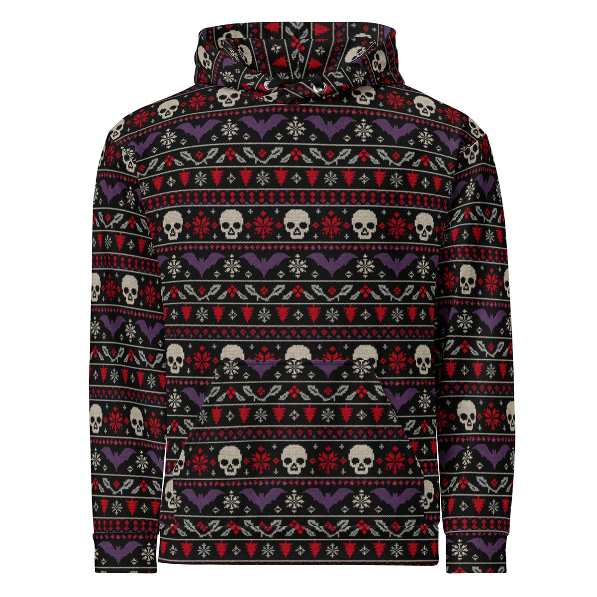 Merry Skull-Mas horror Christmas hoodie featuring faux-knit skulls, bats, snowflakes and festive red, purple and white patterns on black.