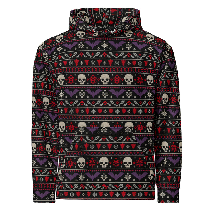 Merry Skull-Mas horror Christmas hoodie featuring faux-knit skulls, bats, snowflakes and festive red, purple and white patterns on black.