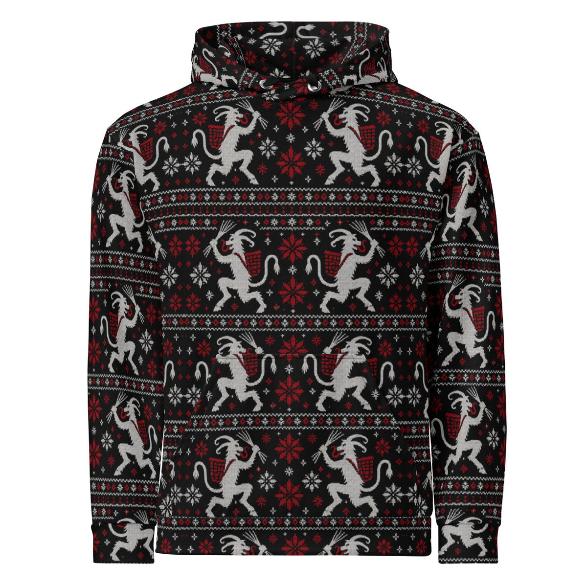 Krampusnacht horror Christmas hoodie featuring white Krampus figures, red snowflakes and a black faux-knit ugly sweater-inspired pattern.
