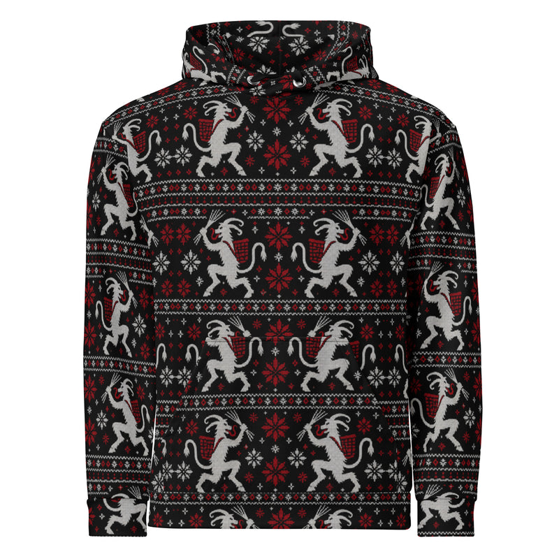 Krampusnacht horror Christmas hoodie featuring white Krampus figures, red snowflakes and a black faux-knit ugly sweater-inspired pattern.