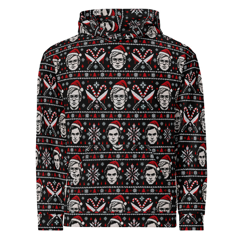 Slay Bells serial killer horror hoodie featuring sinister portrait motifs, crossed knives, candy canes, snowflakes and red faux-knit holiday details.