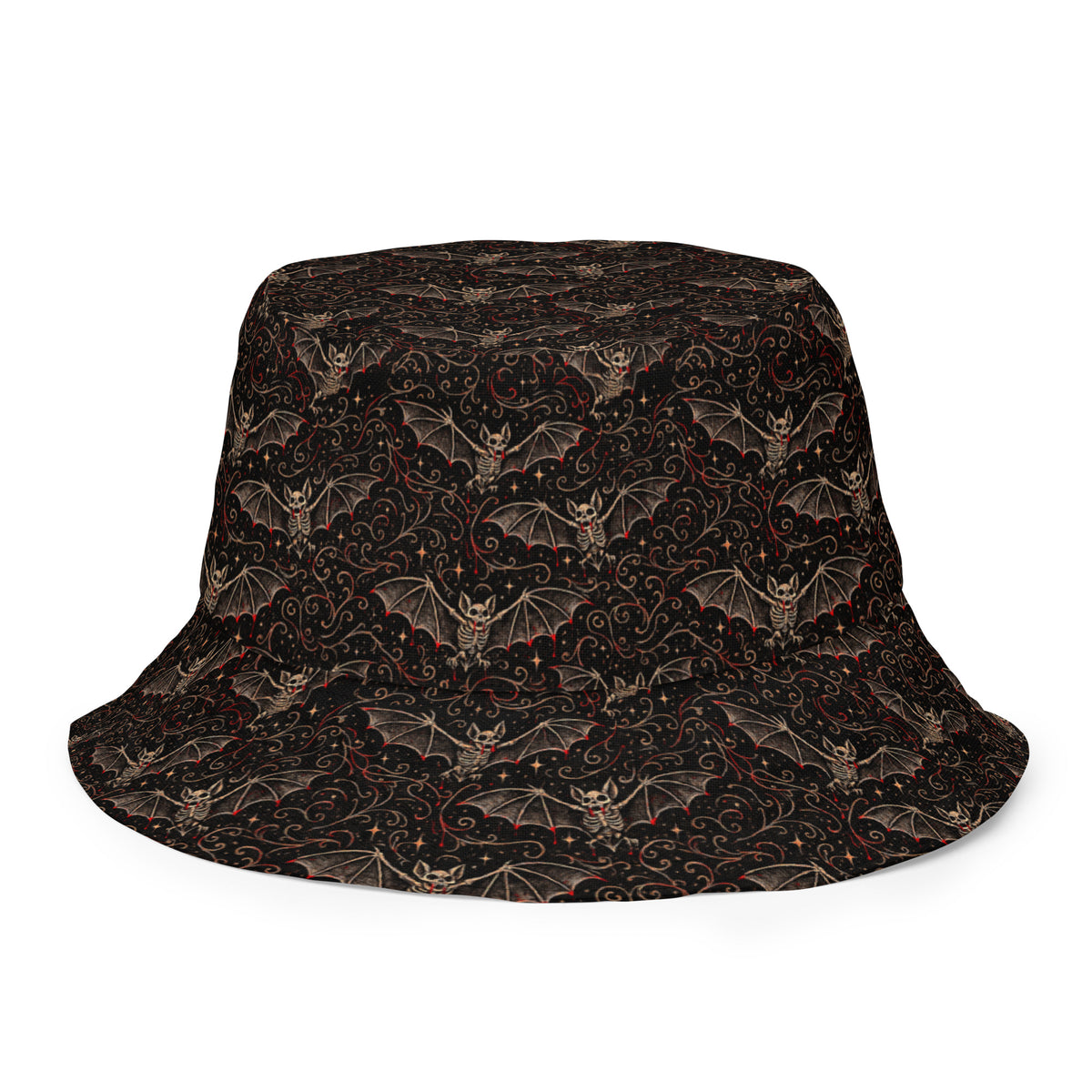 Nocturnal Requiem reversible bucket hat featuring vampire bat horror artwork on one side and a black My Evil Things branded reverse side.