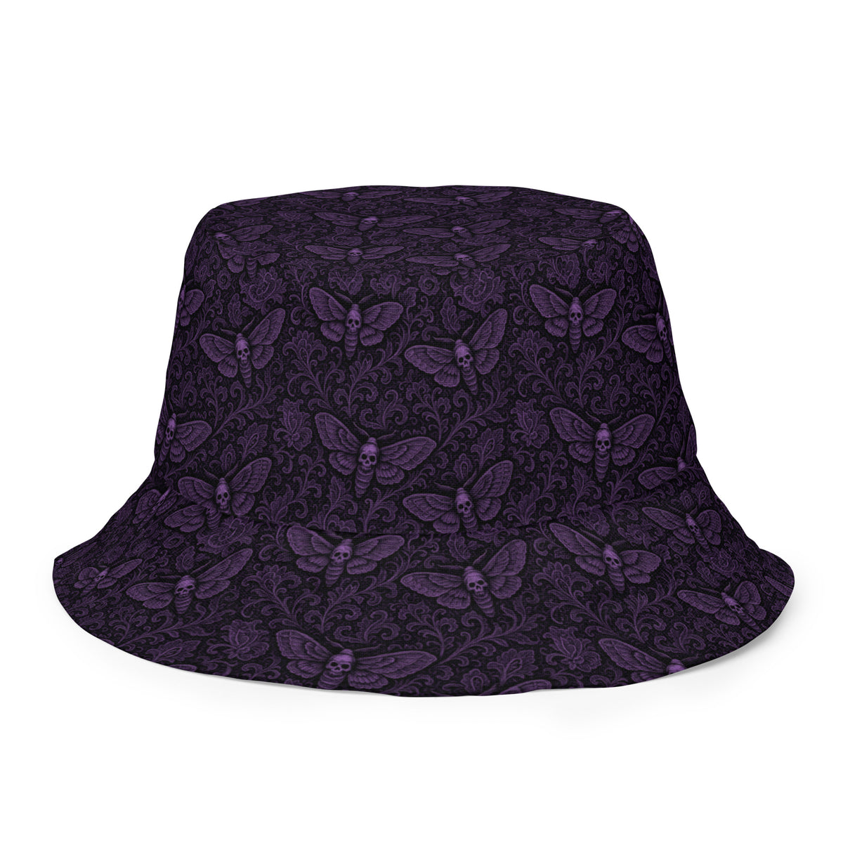 Soul’s Messenger Purple reversible bucket hat featuring death moth horror artwork on one side and a black My Evil Things branded reverse side.