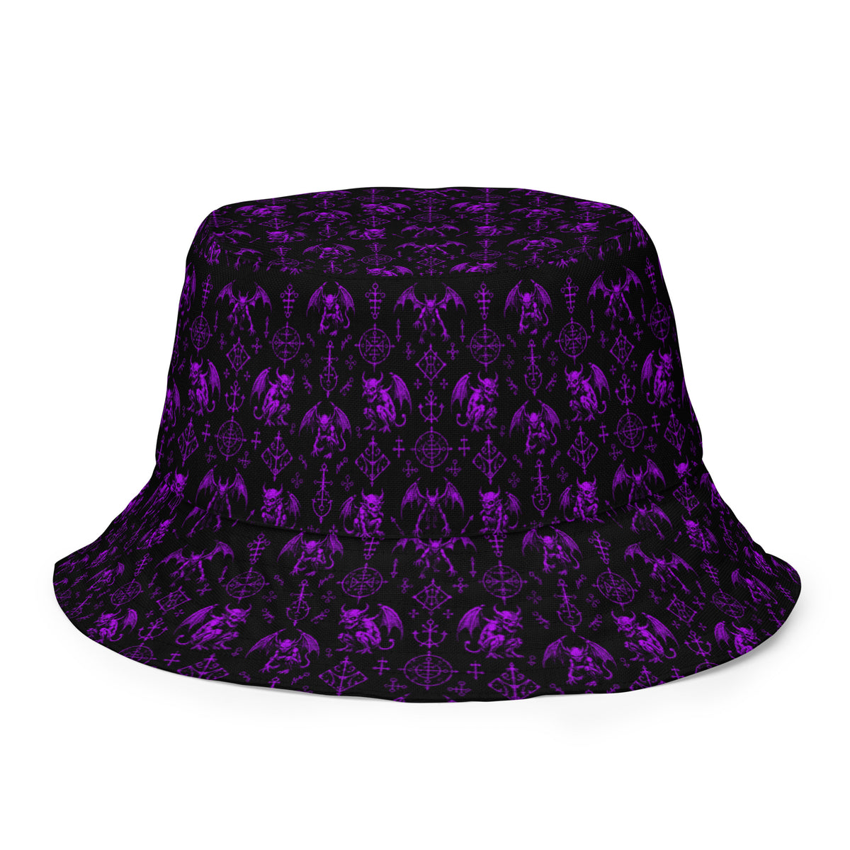 The Fifth Circle Purple reversible bucket hat featuring demon horror artwork on one side and a black My Evil Things branded reverse side.