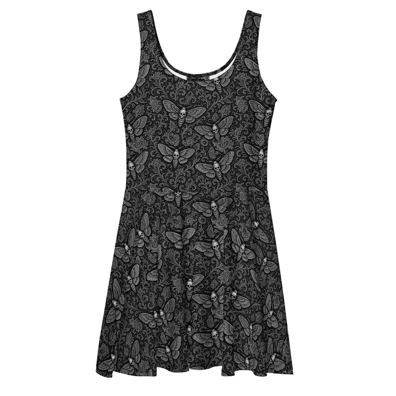 White Soul’s Messenger skater dress featuring an all-over death moth pattern inspired by memento mori symbolism and classic horror.