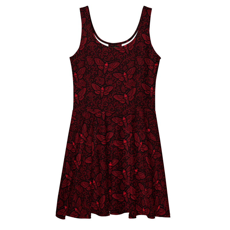 Red Soul’s Messenger skater dress featuring an all-over death moth pattern inspired by memento mori symbolism and classic horror.