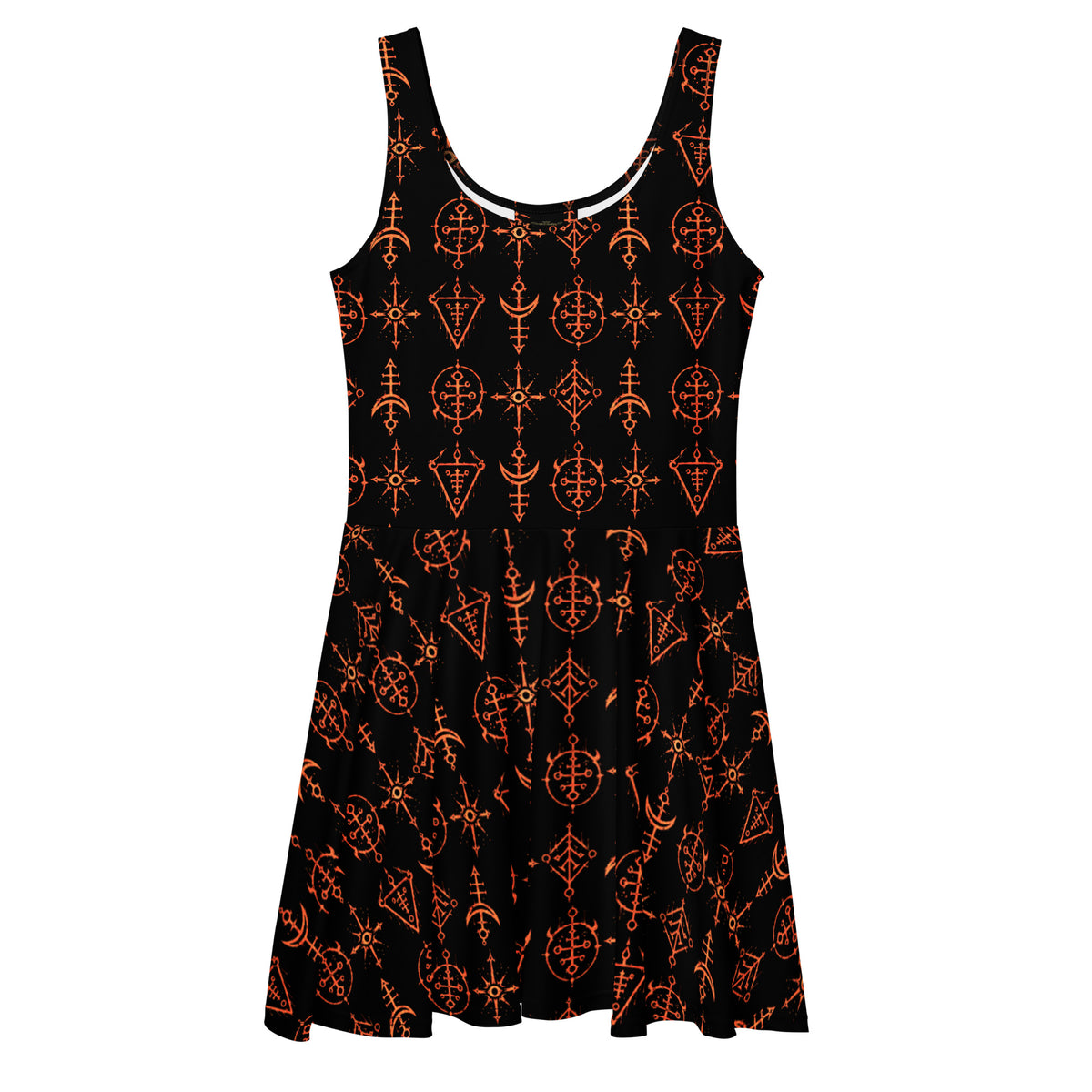 Infernal Invocation skater dress featuring an all-over occult ritual pattern from the Demonology collection.