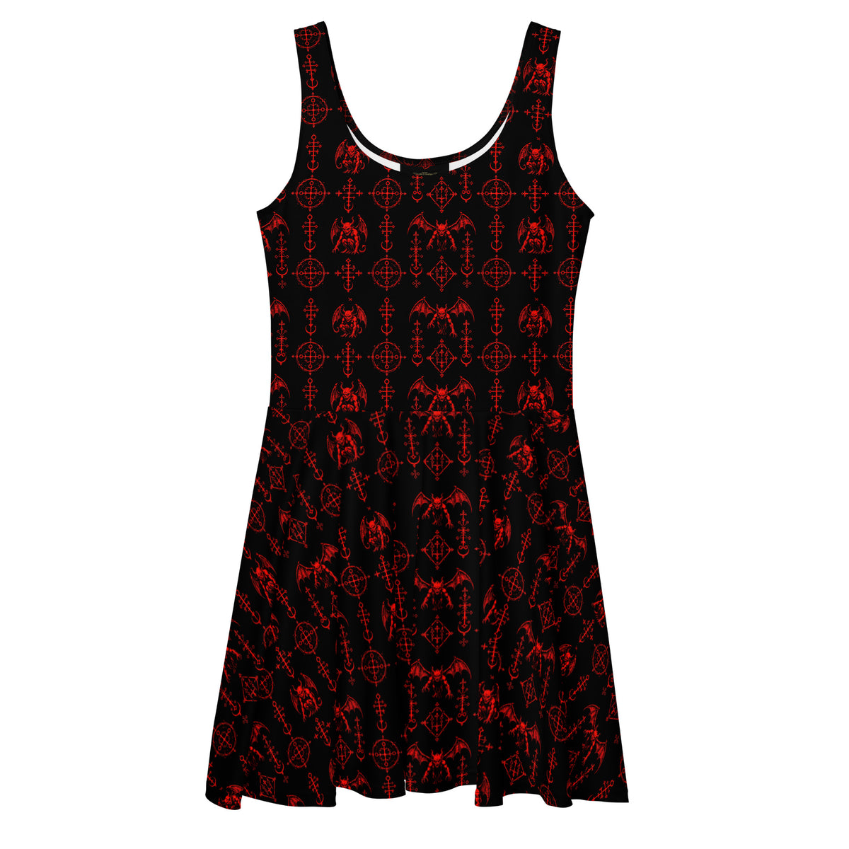 Red Sixth Circle skater dress featuring an all-over hellspawn guardian pattern inspired by the burning tombs of Hell.