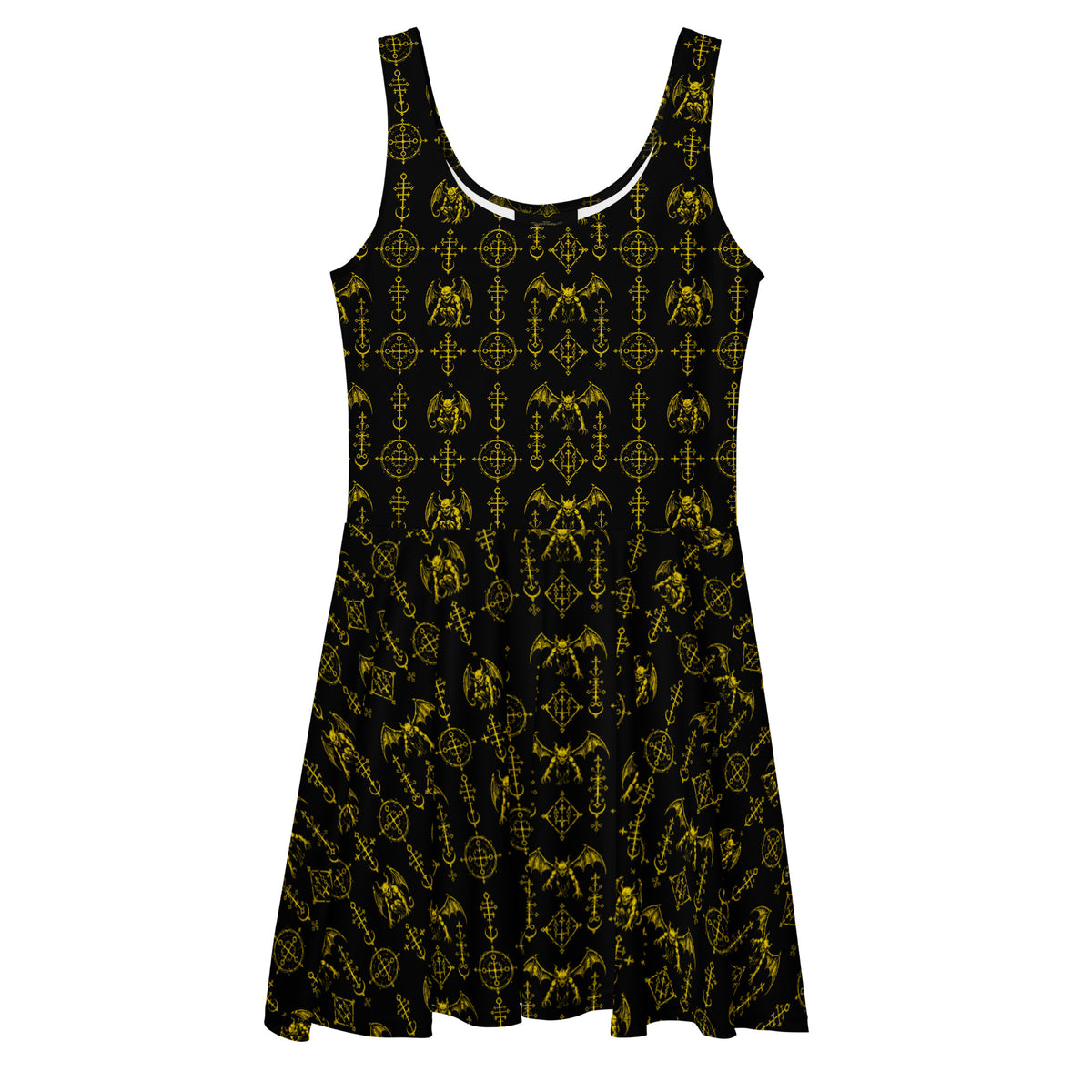 Yellow Sixth Circle skater dress featuring an all-over hellspawn guardian pattern inspired by the burning tombs of Hell.