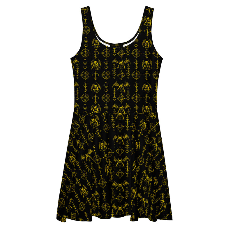 Yellow Sixth Circle skater dress featuring an all-over hellspawn guardian pattern inspired by the burning tombs of Hell.
