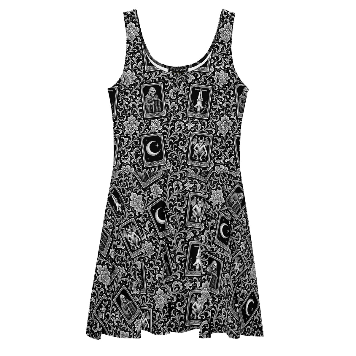 Death’s Fortune tarot horror skater dress featuring The Moon, The Devil, Death and The Hanged Man in an ornate black-and-white occult pattern.