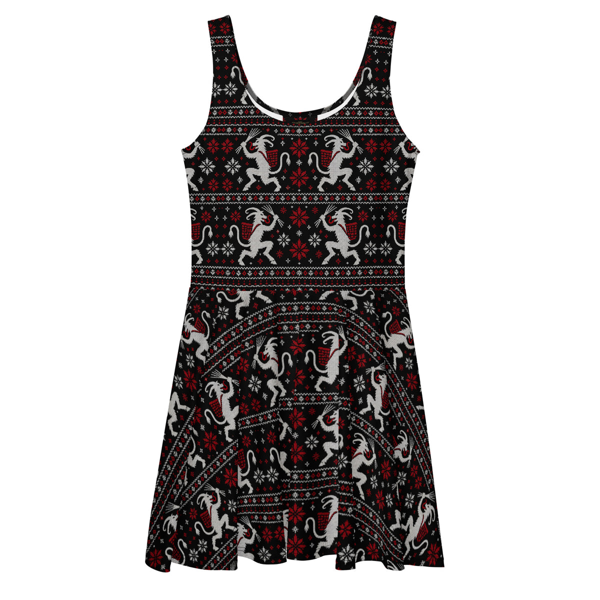 Krampusnacht horror Christmas skater dress featuring white Krampus figures, red snowflakes and a black faux-knit ugly sweater-inspired pattern.