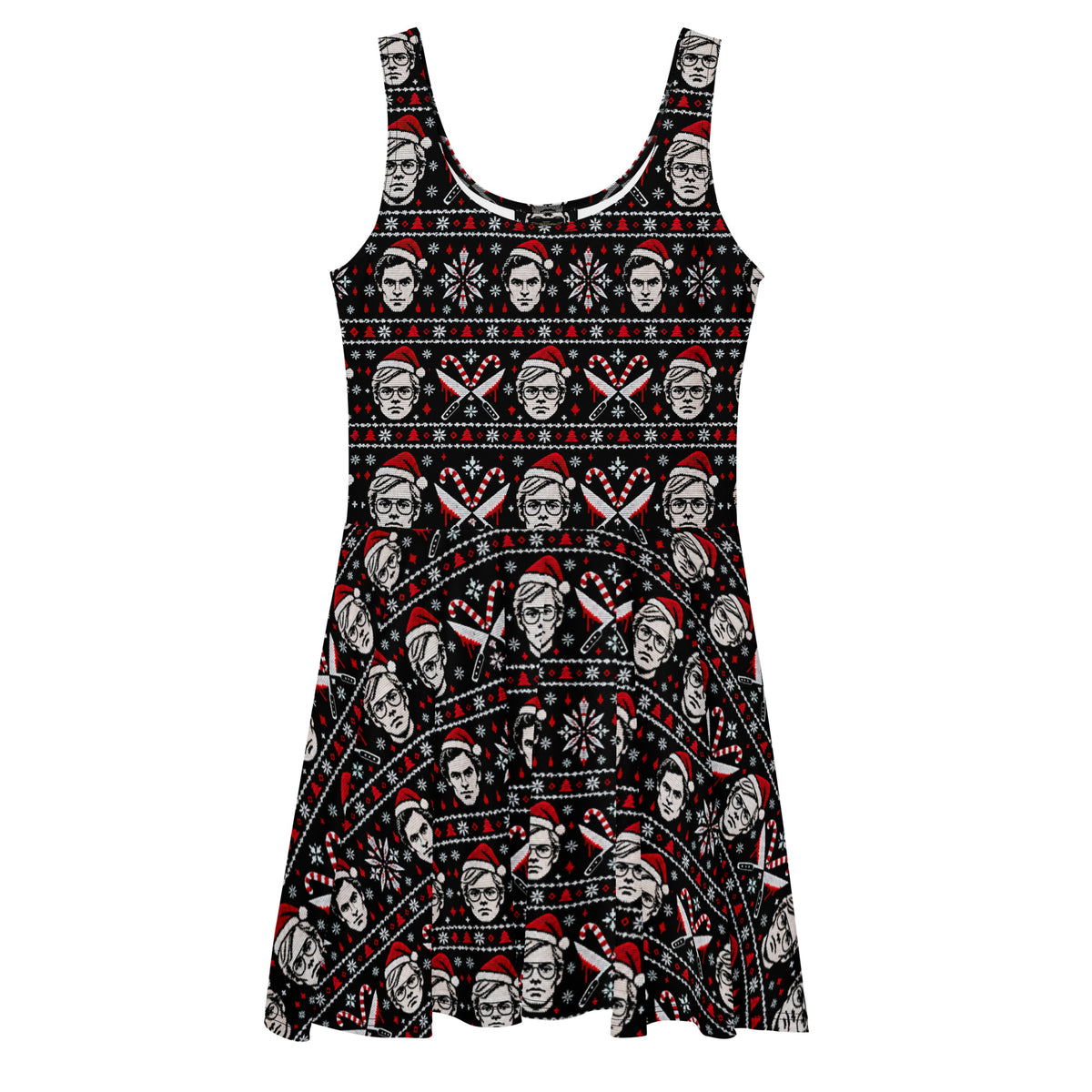 Slay Bells serial killer horror Christmas skater dress featuring sinister portrait motifs, crossed knives, candy canes, snowflakes and red faux-knit holiday details.