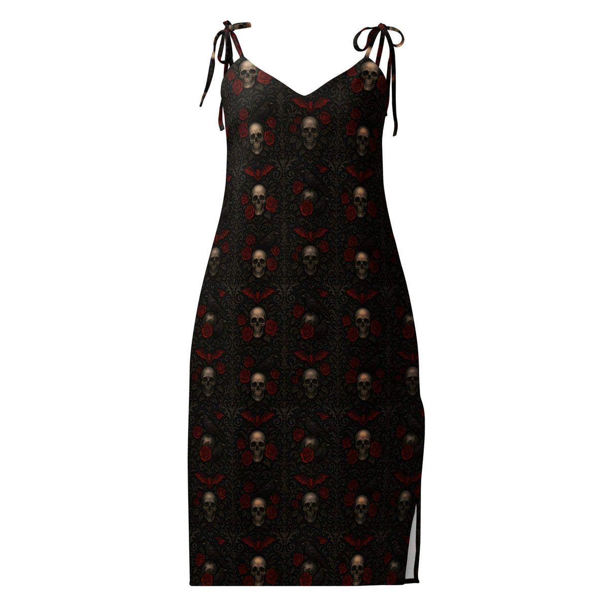 Crimson Mourning chiffon slip dress featuring an all-over Victorian funeral flower pattern from the Funeral Garden collection.