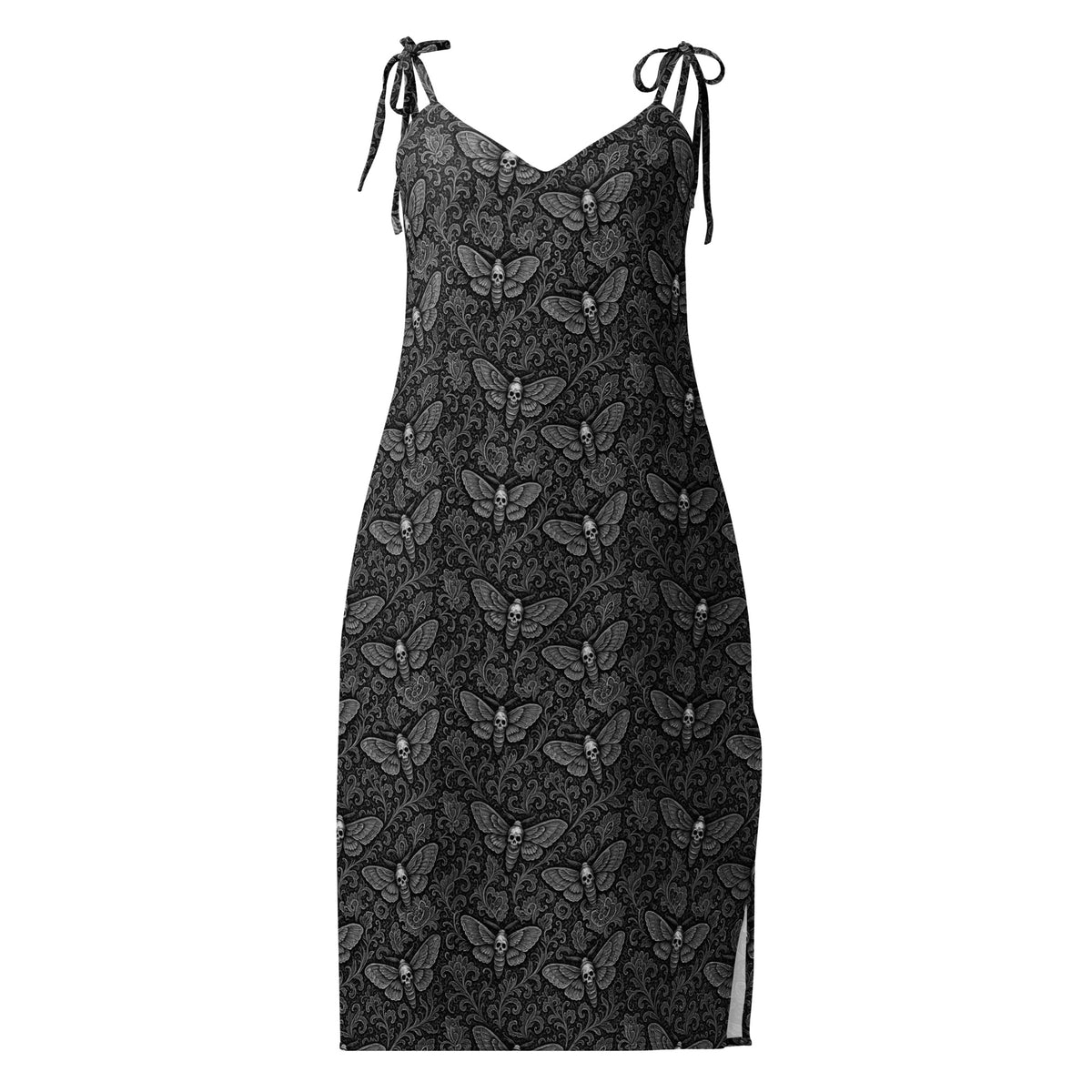 White Soul’s Messenger chiffon slip dress featuring an all-over death moth pattern from the Children of the Night and Memento Mori collections.