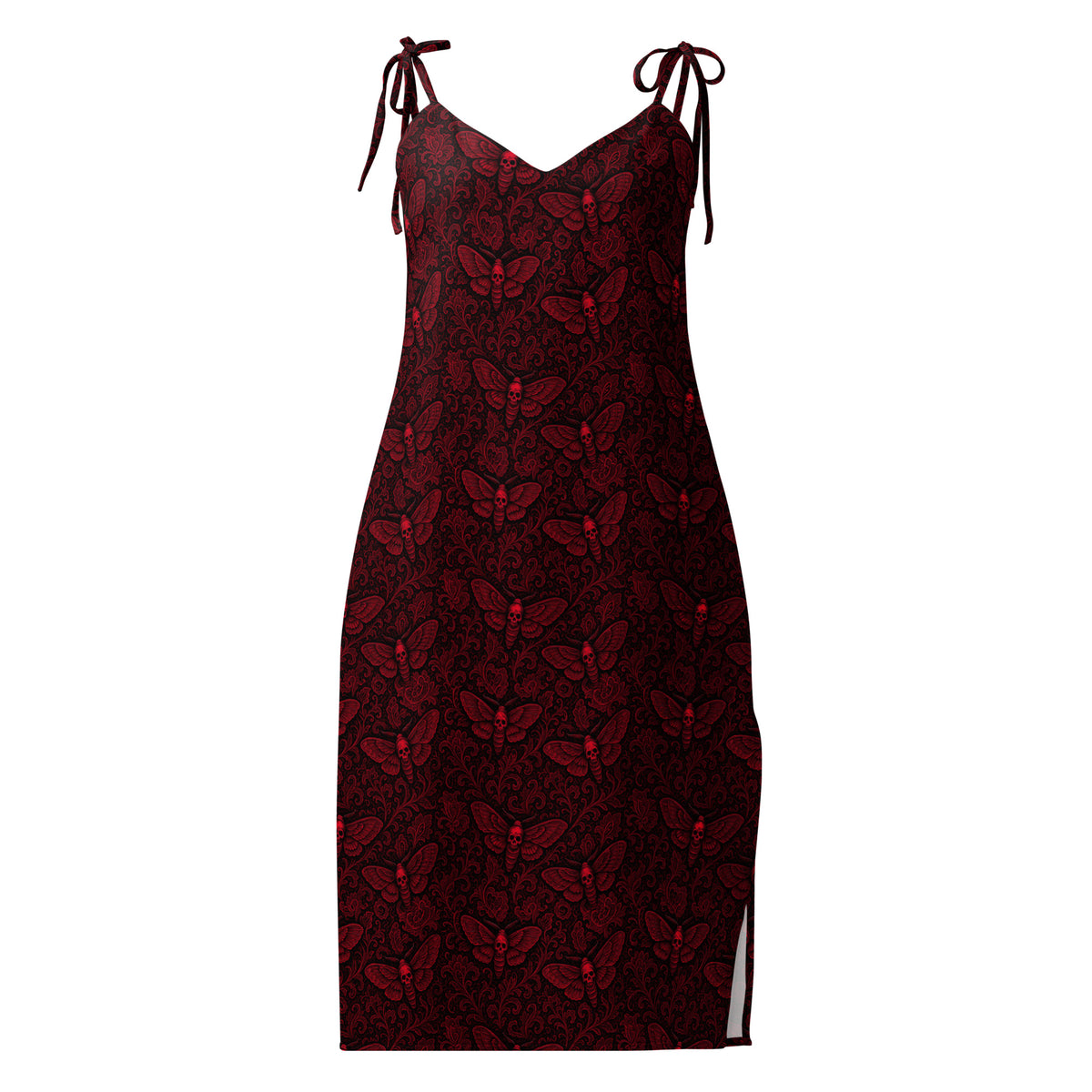 Red Soul’s Messenger chiffon slip dress featuring an all-over death moth pattern from the Children of the Night and Memento Mori collections.
