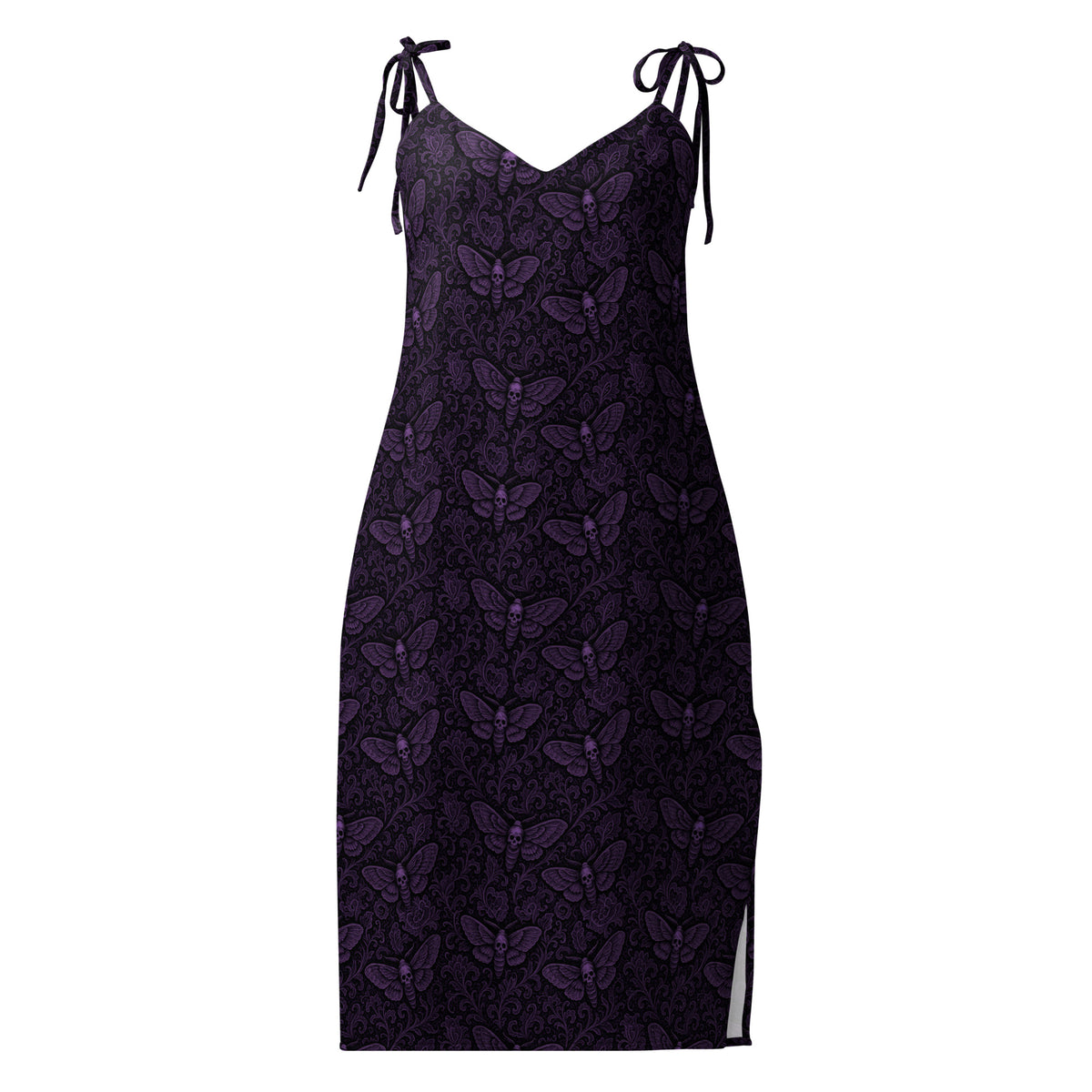 Purple Soul’s Messenger chiffon slip dress featuring an all-over death moth pattern from the Children of the Night and Memento Mori collections.