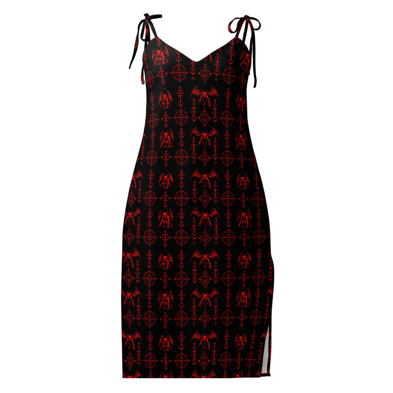 Red Sixth Circle chiffon slip dress featuring an all-over hellspawn guardian pattern inspired by the burning tombs of Hell.