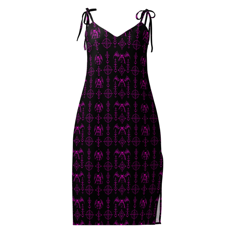 Pink Sixth Circle chiffon slip dress featuring an all-over hellspawn guardian pattern inspired by the burning tombs of Hell.