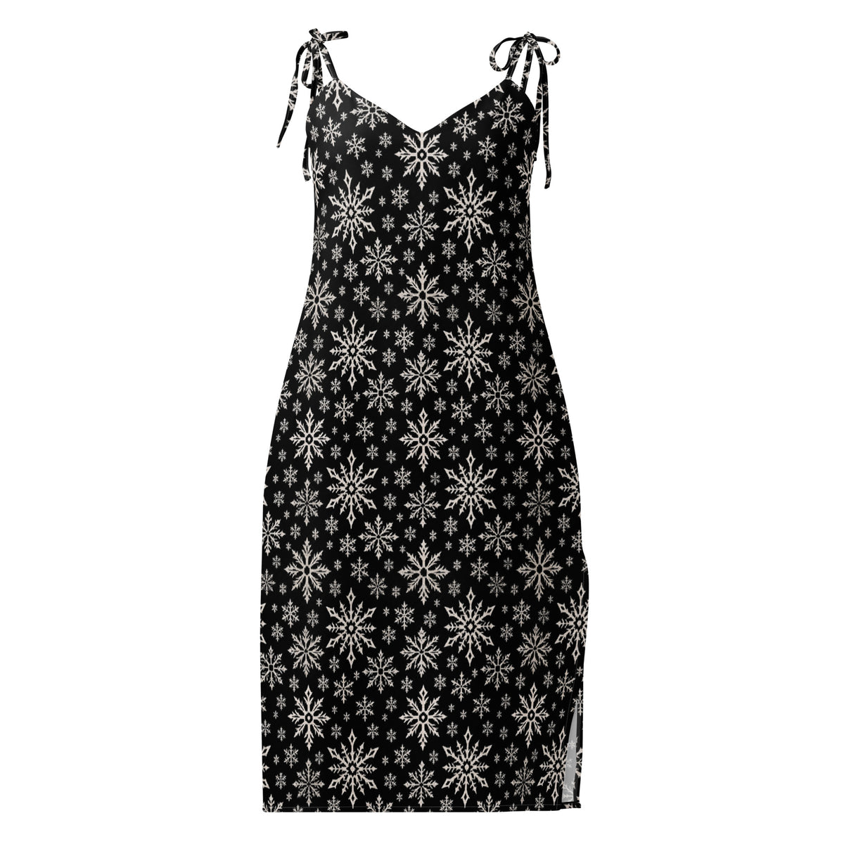 Dead of Winter gothic Christmas slip dress featuring black and ivory faux-knit snowflakes on a flowing chiffon silhouette.