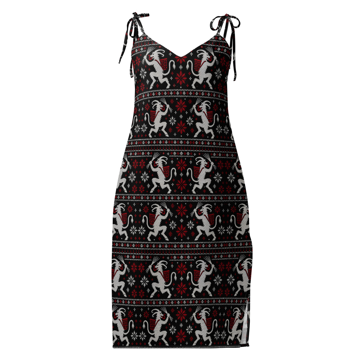 Krampusnacht horror Christmas slip dress featuring white Krampus figures, red snowflakes and a black faux-knit pattern on flowing chiffon.