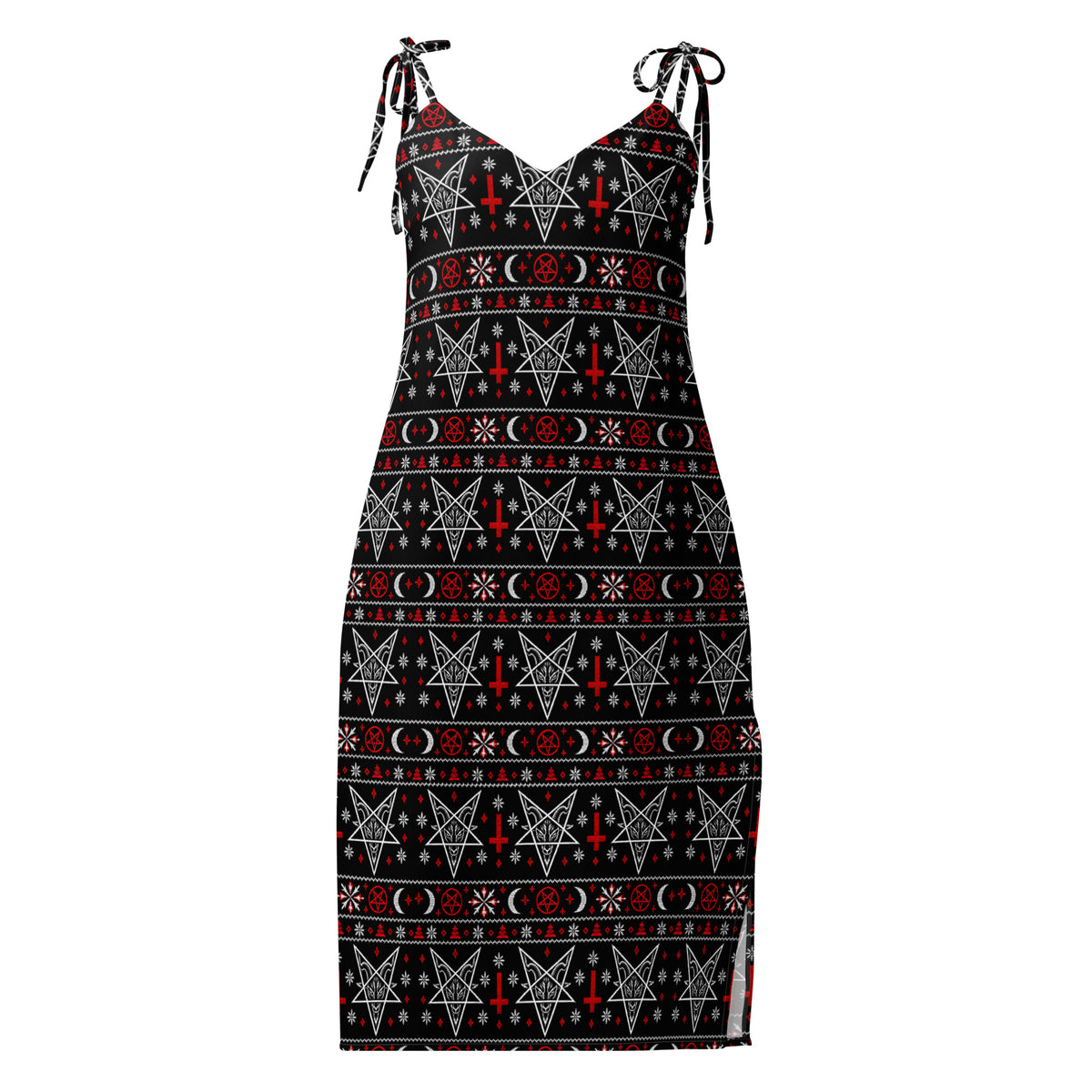 Hail Santa satanic Christmas slip dress featuring Baphomet, inverted crosses, pentagrams, crescent moons and red and white faux-knit holiday motifs.