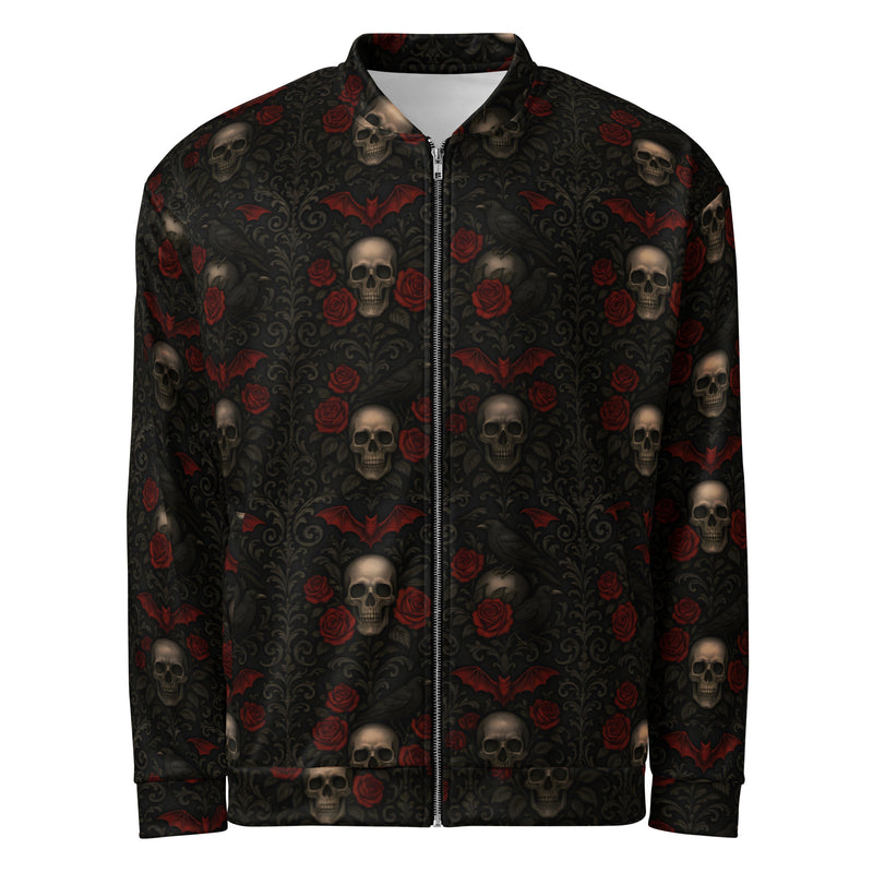 Crimson Mourning bomber jacket featuring an all-over dark floral pattern inspired by Victorian mourning traditions, crimson roses, and forgotten cemeteries.