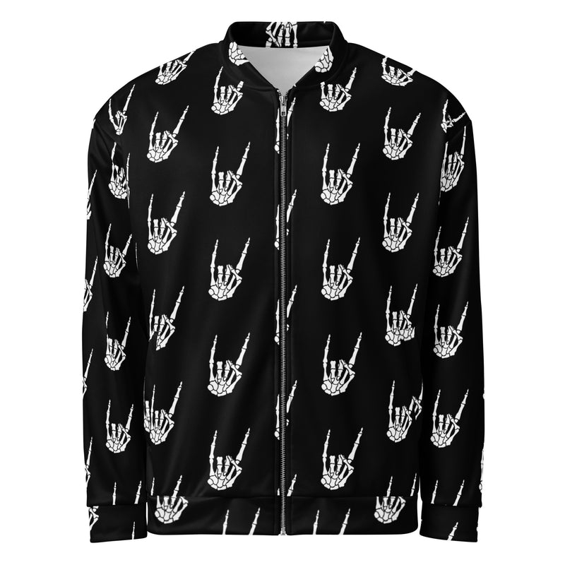 Raise the Devil bomber jacket featuring an all-over skeleton hand pattern inspired by memento mori symbolism and classic horror.