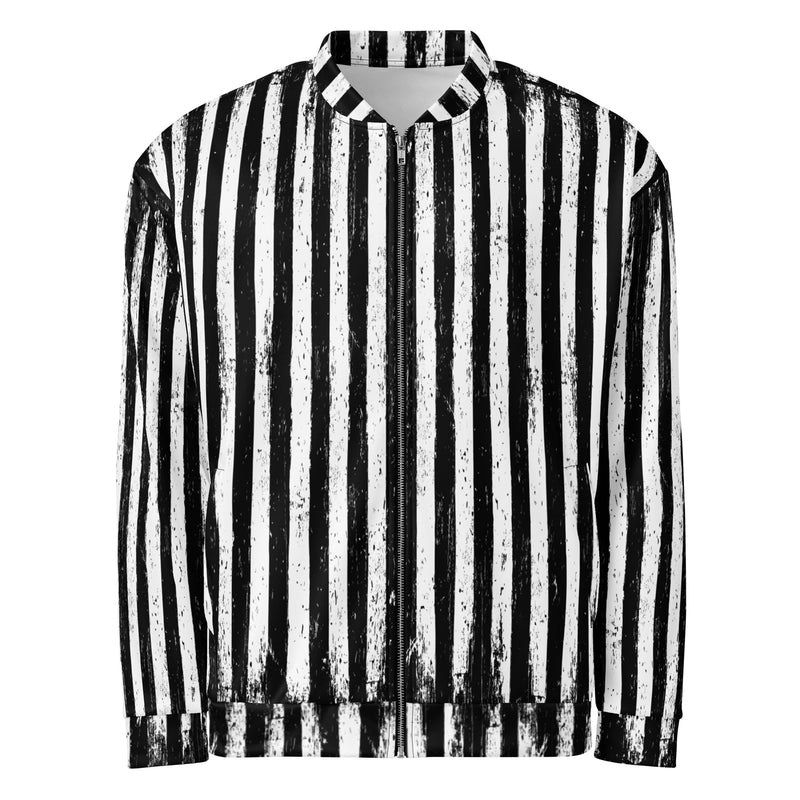Black Parade bomber jacket featuring an all-over black-and-white striped pattern inspired by vintage carnivals, haunted circuses, and classic horror.