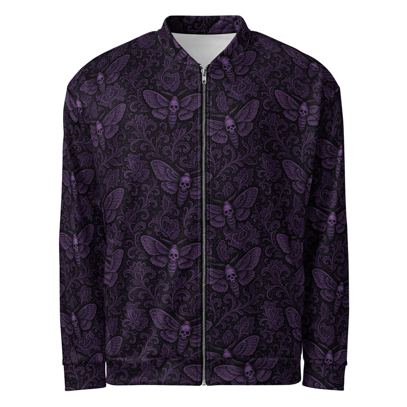 Purple Soul's Messenger bomber jacket featuring an all-over death moth pattern inspired by memento mori symbolism and classic horror.