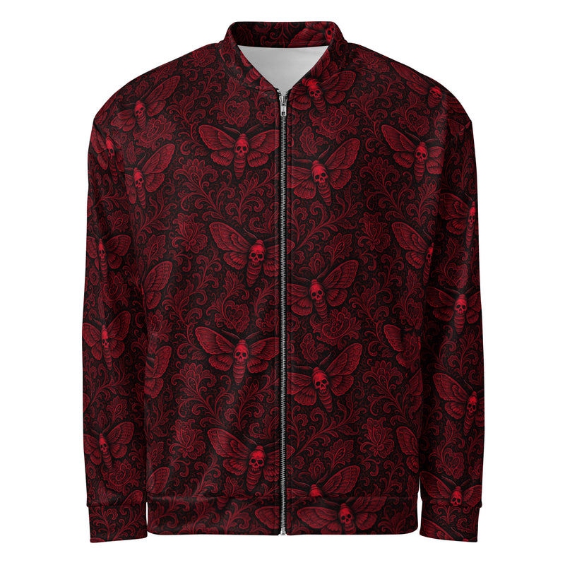 Red Soul's Messenger bomber jacket featuring an all-over death moth pattern inspired by memento mori symbolism and classic horror.