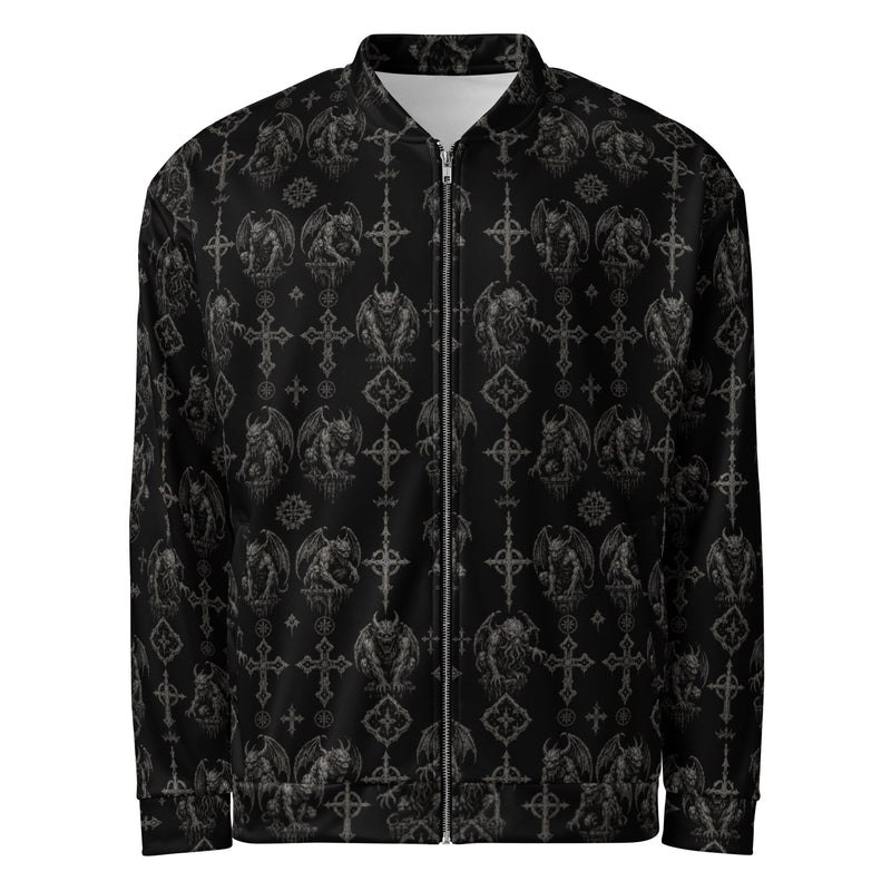Wardens of Stone bomber jacket featuring an all-over gargoyle pattern inspired by medieval cathedrals, forgotten folklore, and classic horror.