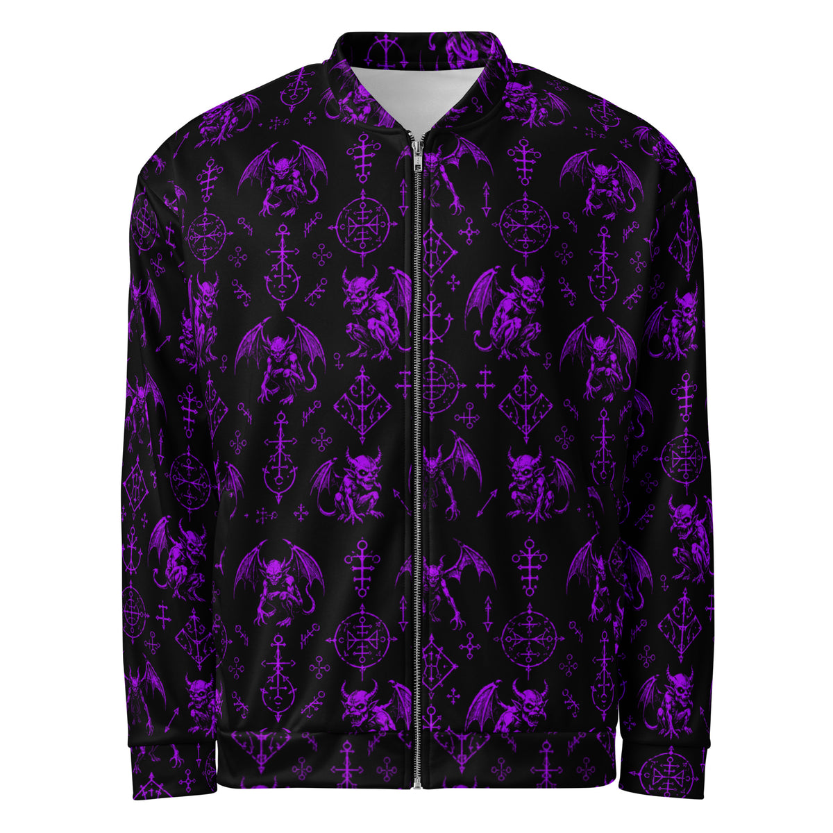 Purple Fifth Circle bomber jacket featuring an all-over infernal demon pattern inspired by occult folklore and classic horror.