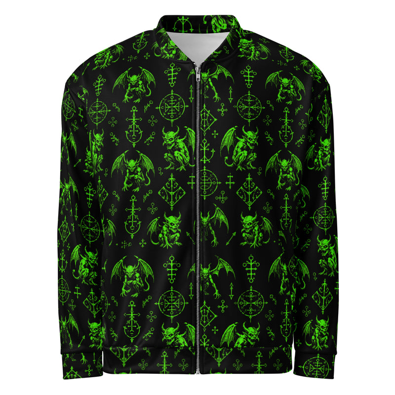 Green Fifth Circle bomber jacket featuring an all-over infernal demon pattern inspired by occult folklore and classic horror.