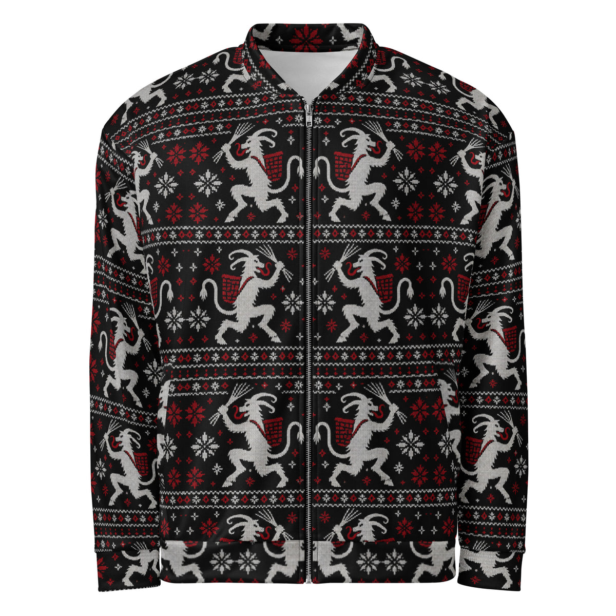 Krampusnacht horror Christmas bomber jacket featuring white Krampus figures, red snowflakes and a black faux-knit ugly sweater-inspired pattern.