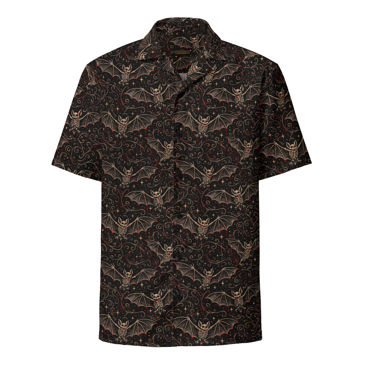 Nocturnal Requiem button-up shirt featuring an all-over vampire bat pattern inspired by gothic horror and the Children of the Night Collection.