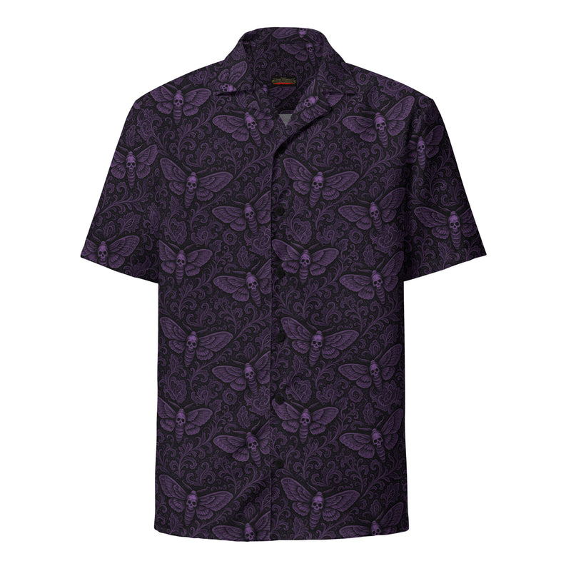 Soul's Messenger Purple button-up shirt featuring an all-over Death's-head hawkmoth pattern inspired by gothic horror and the Children of the Night Collection.