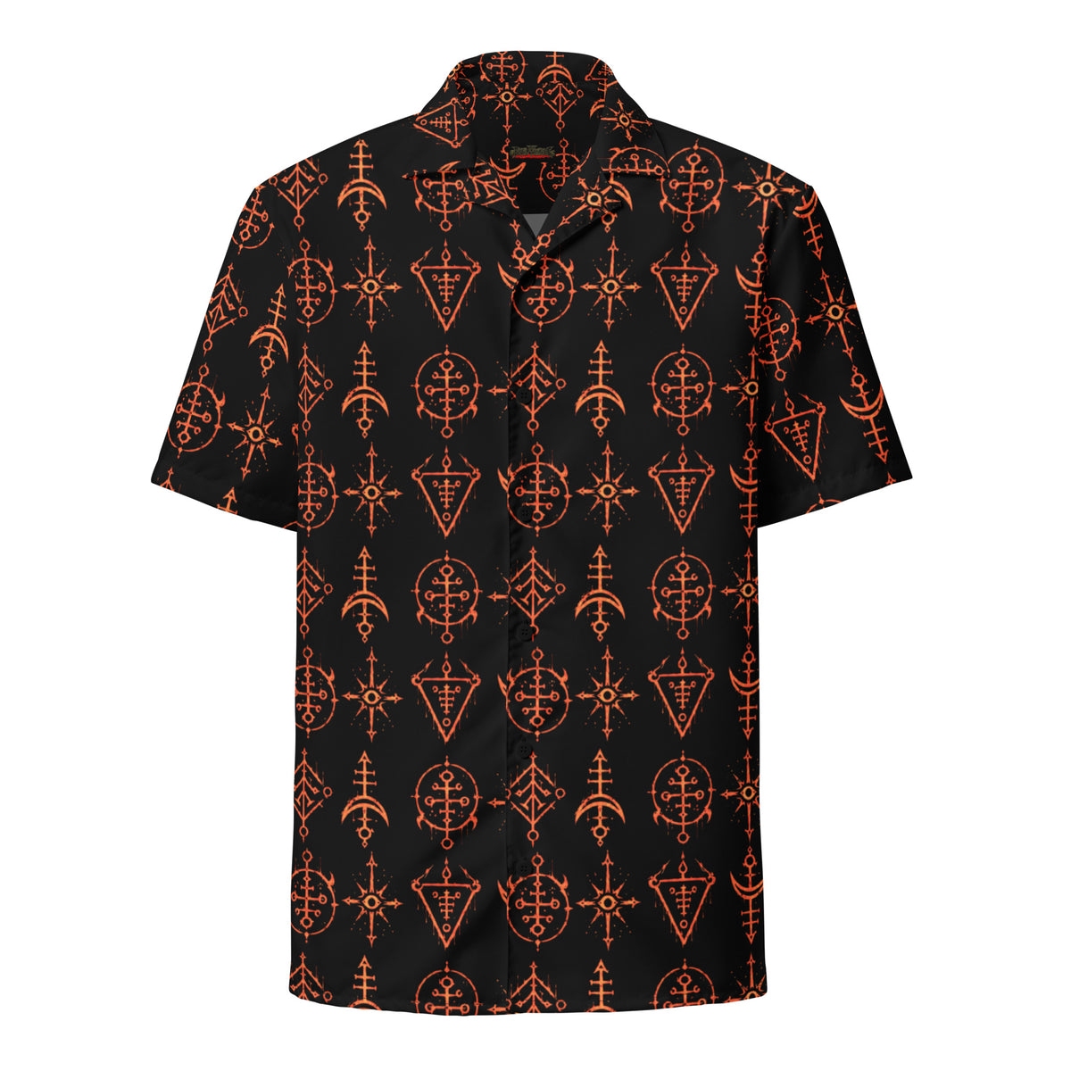 Infernal Invocation button-up shirt featuring an all-over pattern of fiery occult symbols inspired by ritual magic and the Demonology Collection.
