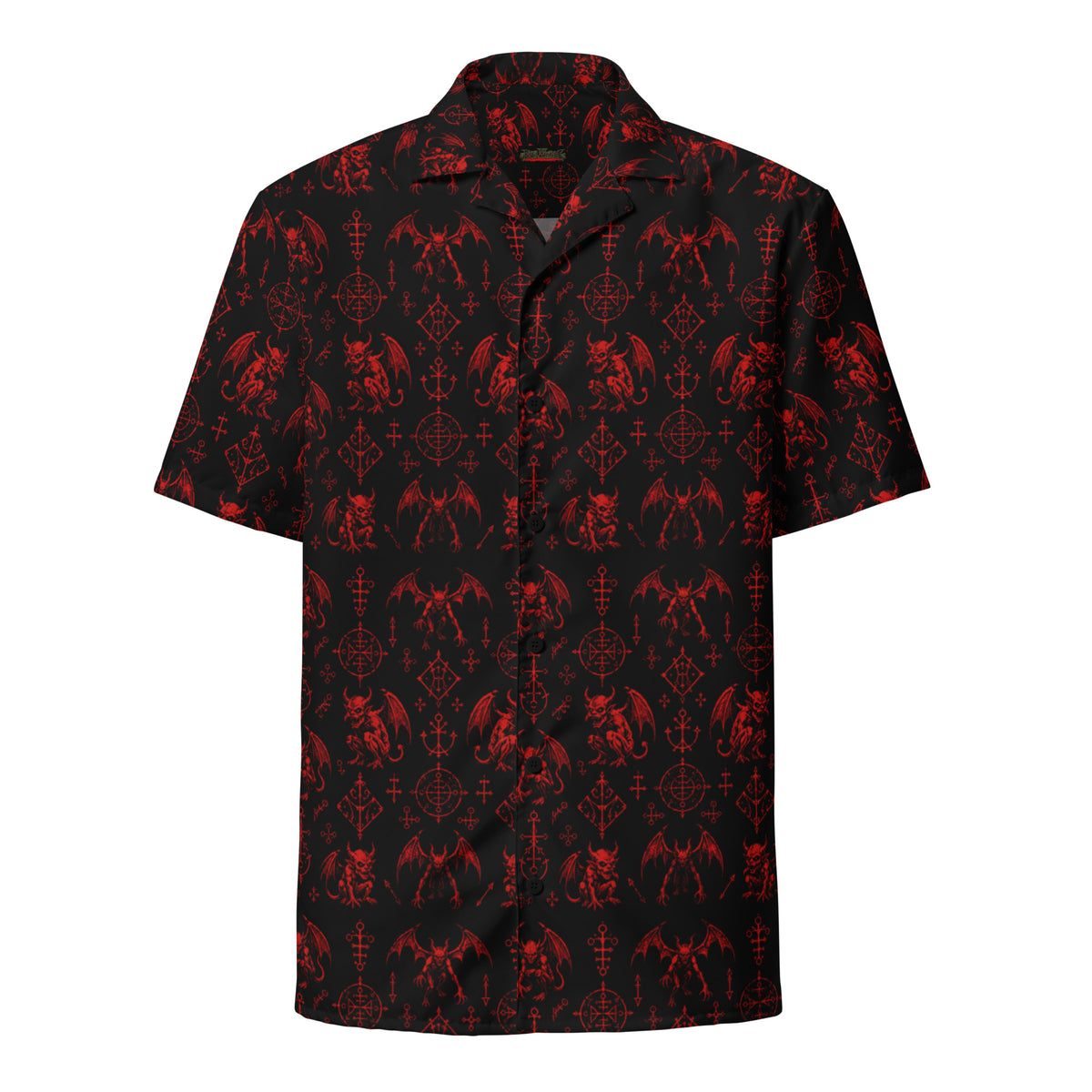 The Fifth Circle Red button-up shirt featuring winged demons and occult ritual symbols inspired by demonology and infernal mythology.