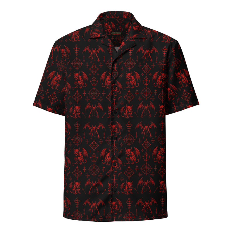 The Fifth Circle Red button-up shirt featuring winged demons and occult ritual symbols inspired by demonology and infernal mythology.