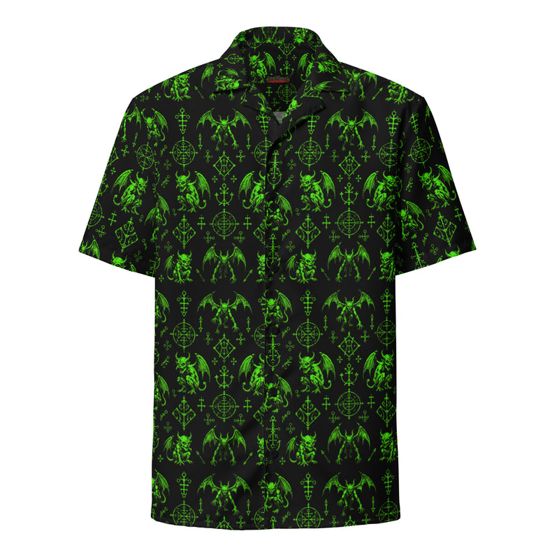 The Fifth Circle Red button-up shirt featuring winged demons and occult ritual symbols inspired by demonology and infernal mythology.