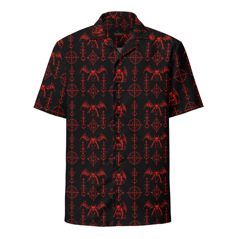The Sixth Circle Red button-up shirt featuring winged demons and occult ritual symbols inspired by demonology and infernal mythology.